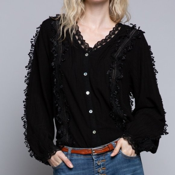POL Boho Goth Black Lace Woven Blouse Top NEW - Picture 3 of 9